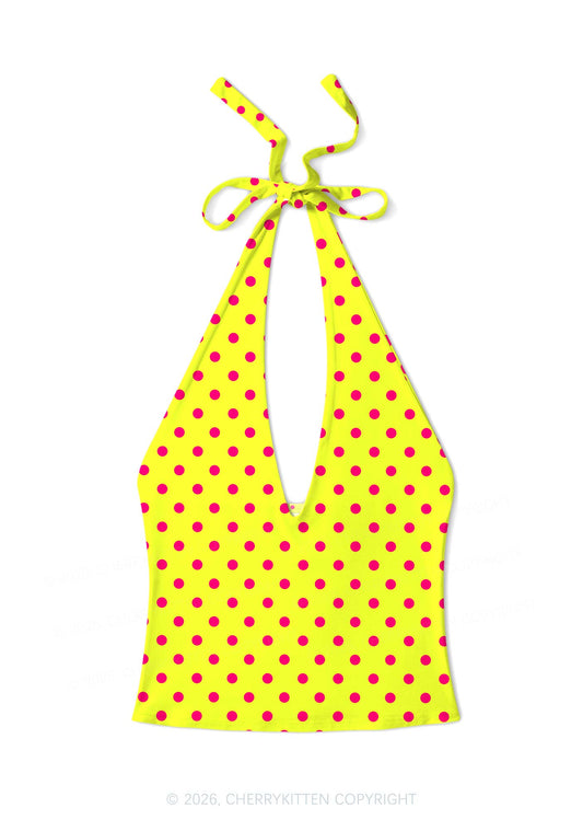 Hot Pink Dots On Yellow Y2K Print Halter Deep V Neck Cami Cherrykitten