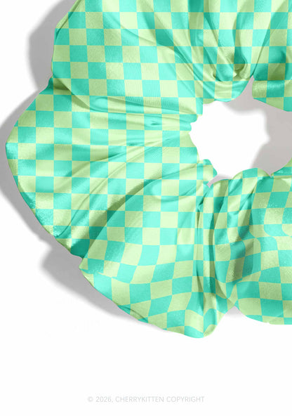 Mint Green Checkered Y2K Hair Scrunchie Cherrykitten