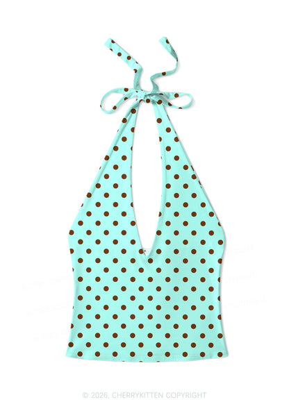 Brown Dots On Mint Green Y2K Print Halter Deep V Neck Cami Cherrykitten