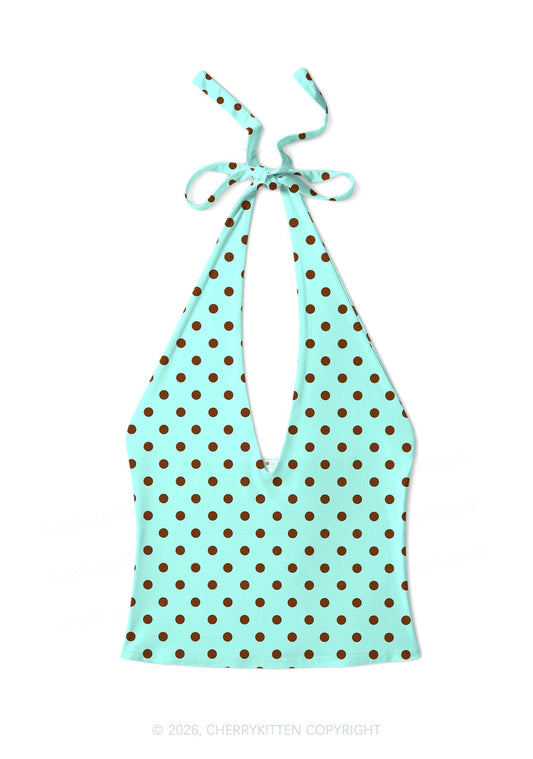 Brown Dots On Mint Green Y2K Print Halter Deep V Neck Cami Cherrykitten