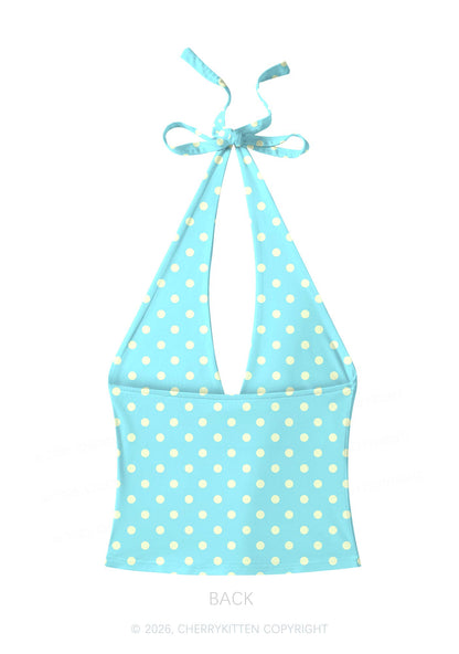 Yellow Dots On Blue Y2K Print Halter Deep V Neck Cami Cherrykitten
