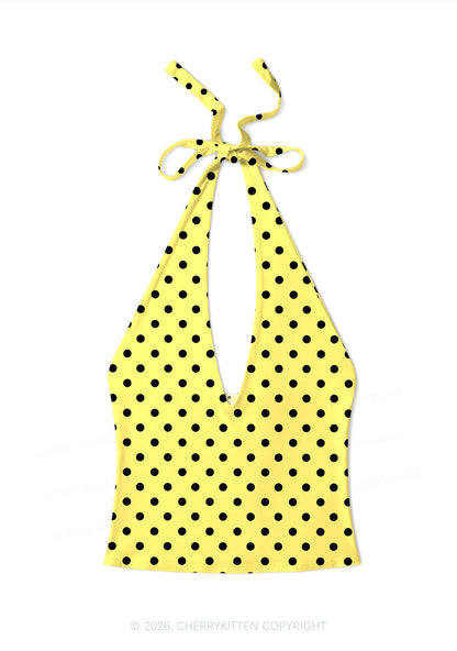 Black Dots On Yellow Y2K Print Halter Deep V Neck Cami Cherrykitten