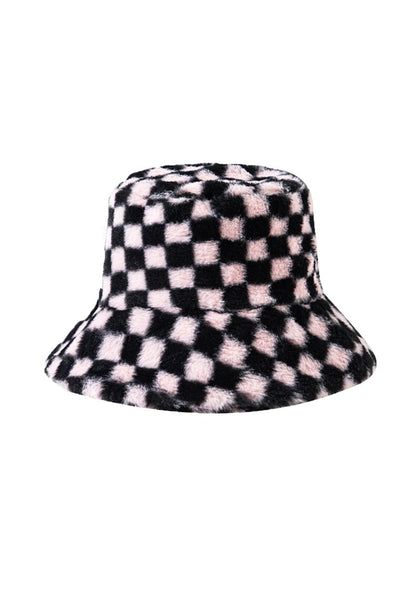 Black Plaid Faux Wool Plush Bucket Hat - cherrykittenBlack Plaid Faux Wool Plush Bucket Hat