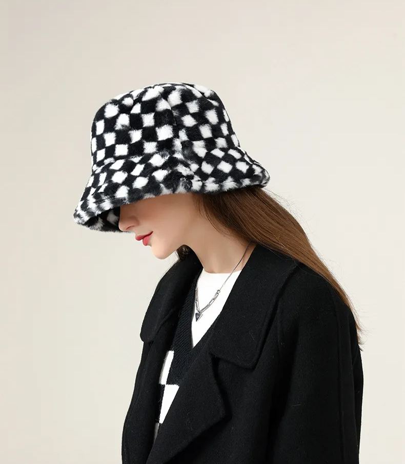 Black Plaid Faux Wool Plush Bucket Hat - cherrykittenBlack Plaid Faux Wool Plush Bucket Hat