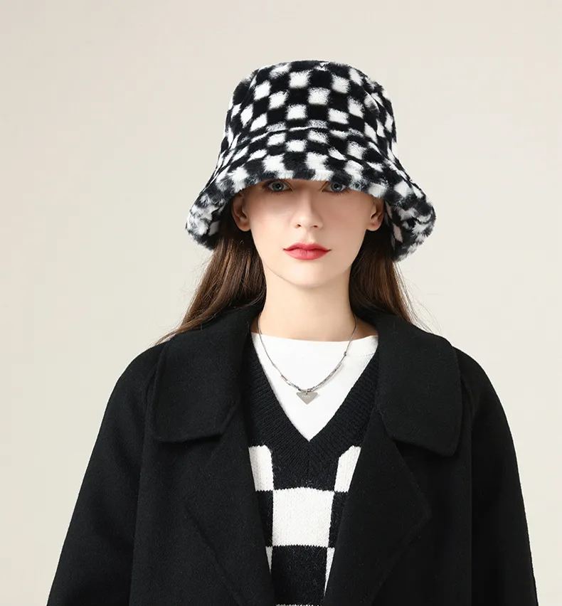 Black Plaid Faux Wool Plush Bucket Hat - cherrykittenBlack Plaid Faux Wool Plush Bucket Hat