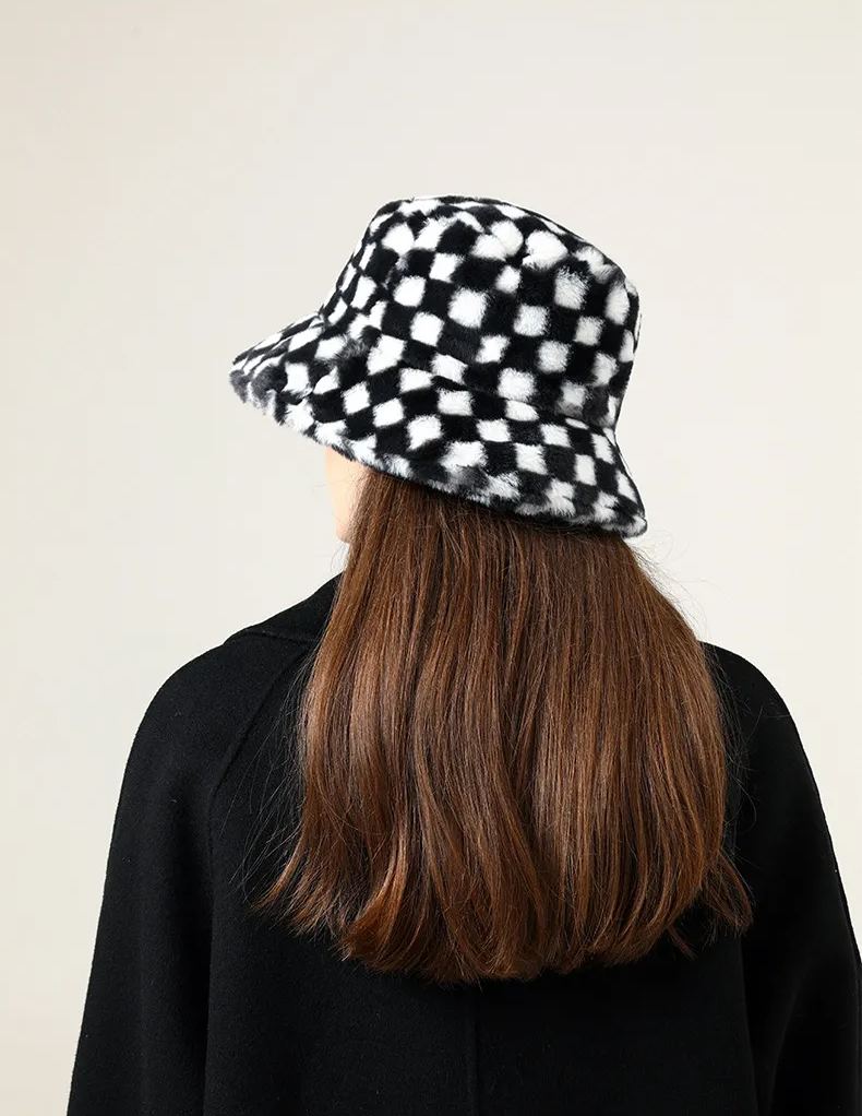 Black Plaid Faux Wool Plush Bucket Hat - cherrykittenBlack Plaid Faux Wool Plush Bucket Hat