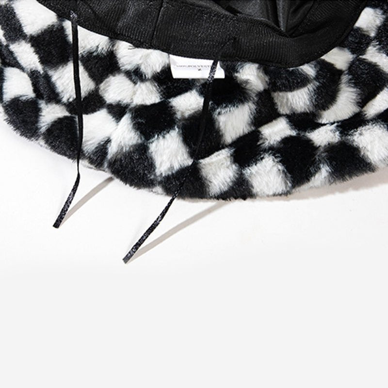 Black Plaid Faux Wool Plush Bucket Hat - cherrykittenBlack Plaid Faux Wool Plush Bucket Hat