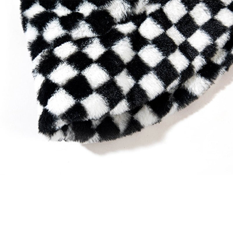 Black Plaid Faux Wool Plush Bucket Hat - cherrykittenBlack Plaid Faux Wool Plush Bucket Hat