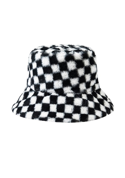 Black Plaid Faux Wool Plush Bucket Hat - cherrykittenBlack Plaid Faux Wool Plush Bucket Hat