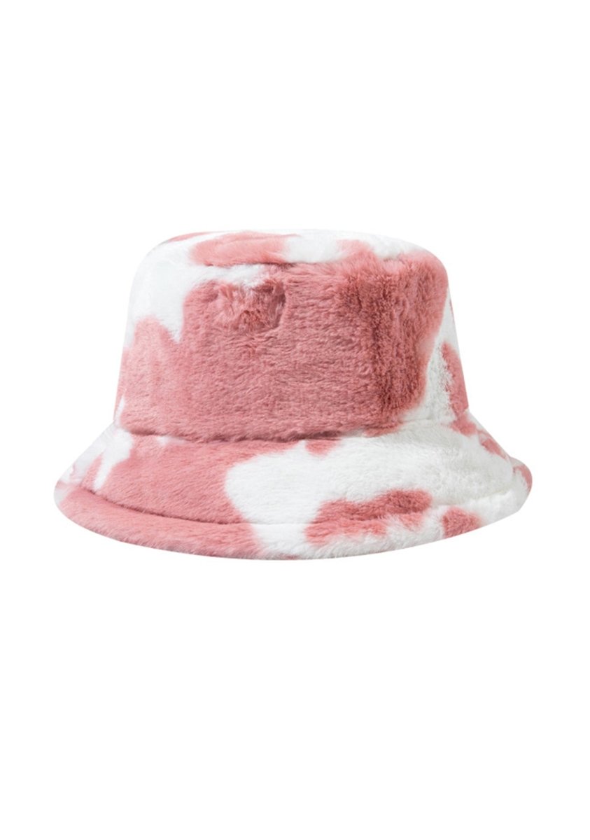 Cow Print Faux Wool Plush Bucket Hat - cherrykittenCow Print Faux Wool Plush Bucket Hat