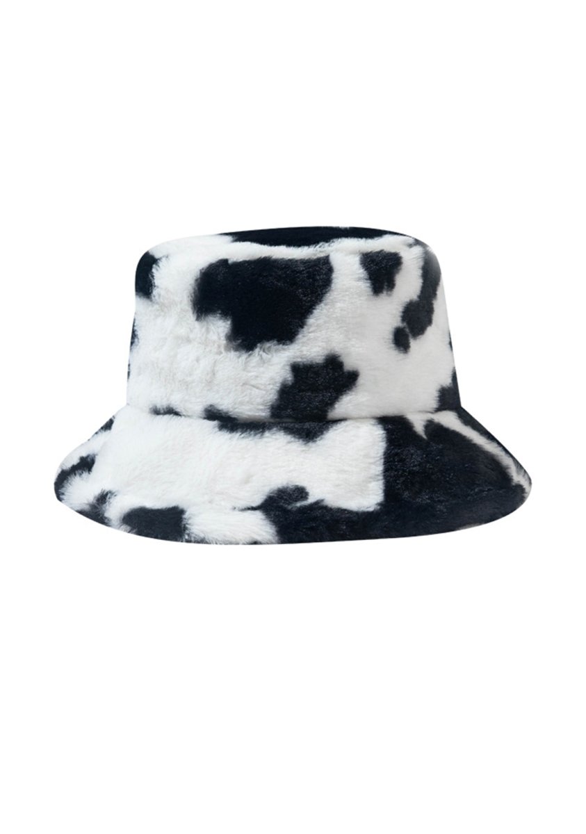 Cow Print Faux Wool Plush Bucket Hat - cherrykittenCow Print Faux Wool Plush Bucket Hat