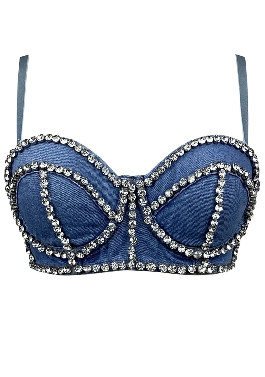 Denim Herringbone Diamond Detachable Strap Corset Top - cherrykittenDenim Herringbone Diamond Detachable Strap Corset Top
