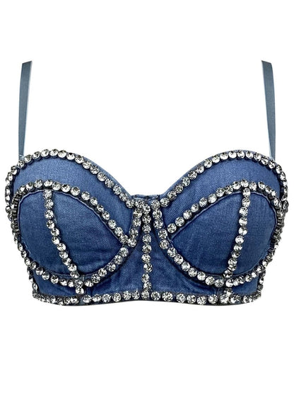 Denim Herringbone Diamond Detachable Strap Corset Top - cherrykittenDenim Herringbone Diamond Detachable Strap Corset Top