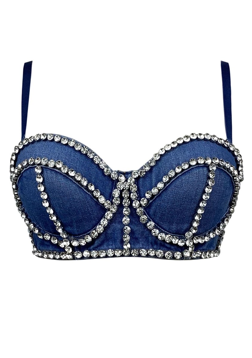 Denim Herringbone Diamond Detachable Strap Corset Top - cherrykittenDenim Herringbone Diamond Detachable Strap Corset Top