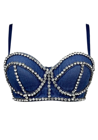 Denim Herringbone Diamond Detachable Strap Corset Top - cherrykittenDenim Herringbone Diamond Detachable Strap Corset Top