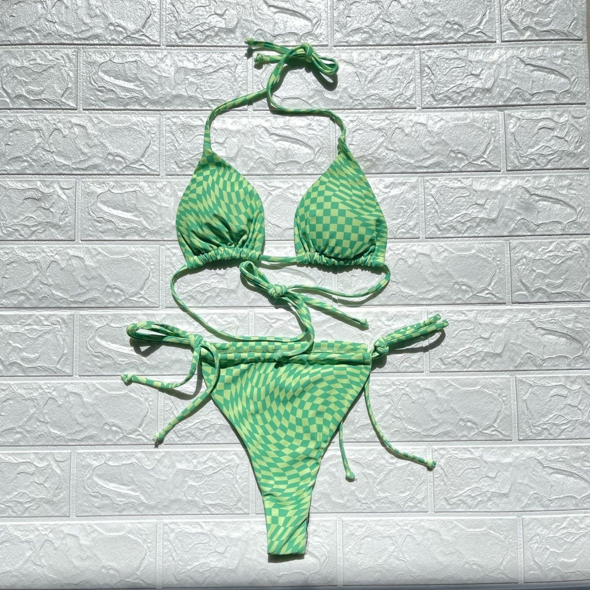 Drawstring Strap Sexy Veil Plaid Bikini Set - cherrykittenDrawstring Strap Sexy Veil Plaid Bikini Set