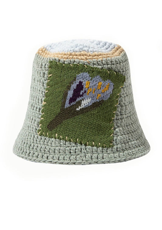 Green Block Flower Knitted Bucket Hat - cherrykittenGreen Block Flower Knitted Bucket Hat