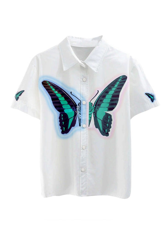 Green Butterfly White Print Shirts - cherrykittenGreen Butterfly White Print Shirts