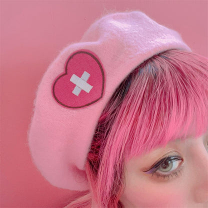 Heart Cross Embroidery Y2K Felt Berets - cherrykittenHeart Cross Embroidery Y2K Felt Berets