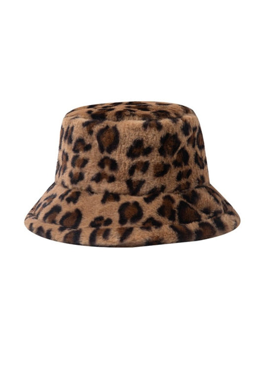 Leopard Print Faux Wool Plush Bucket Hat - cherrykittenLeopard Print Faux Wool Plush Bucket Hat