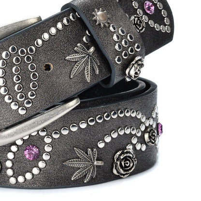 Metal Flower Leaf Diamond Cowgirl Belt - cherrykittenMetal Flower Leaf Diamond Cowgirl Belt