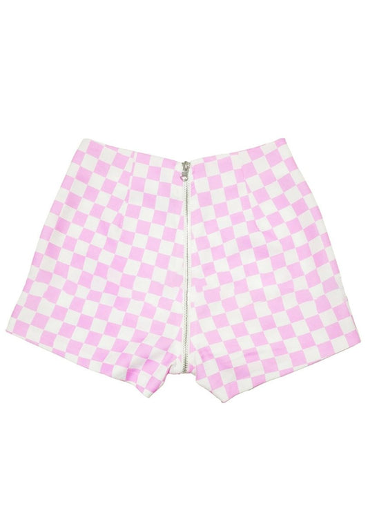 Pink Plaid Front And Rear Zipper Shorts - cherrykittenPink Plaid Front And Rear Zipper Shorts
