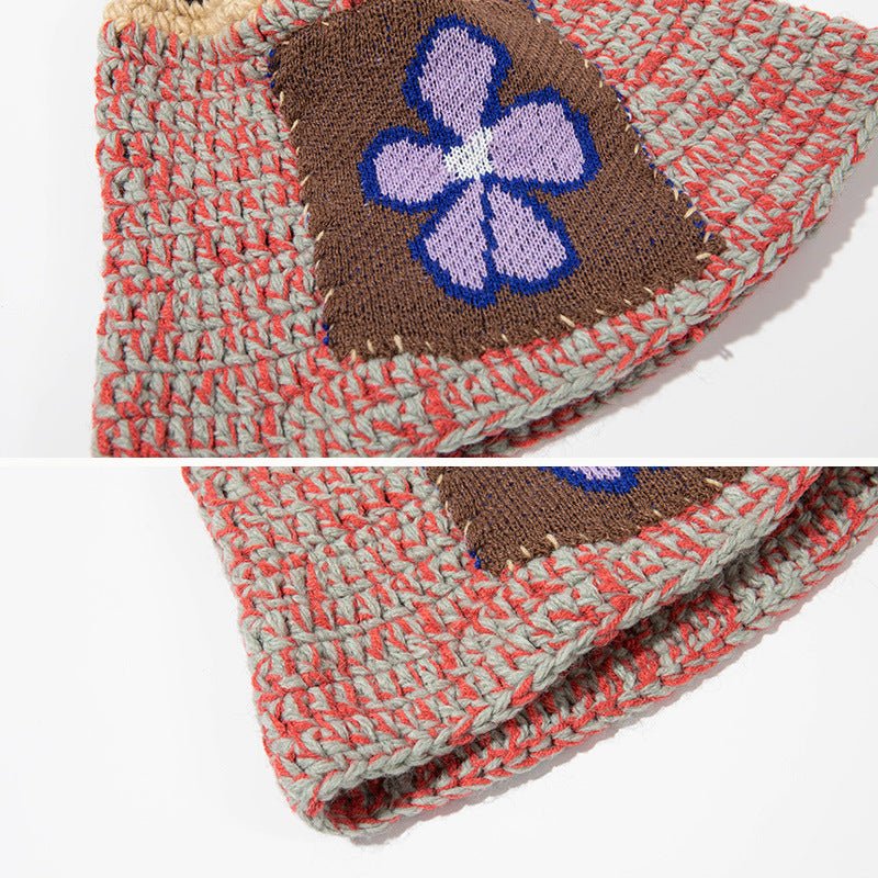 Purple Flower Brown Block Knitted Bucket Hat - cherrykittenPurple Flower Brown Block Knitted Bucket Hat