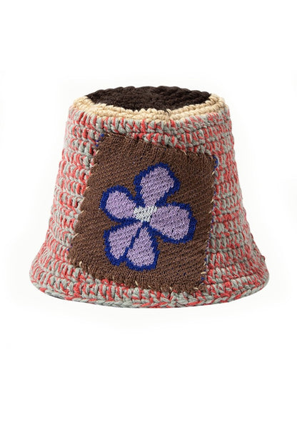 Purple Flower Brown Block Knitted Bucket Hat - cherrykittenPurple Flower Brown Block Knitted Bucket Hat