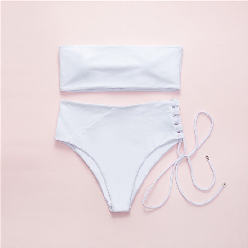 White Bandeau High Waist Bikini Set - cherrykittenWhite Bandeau High Waist Bikini Set
