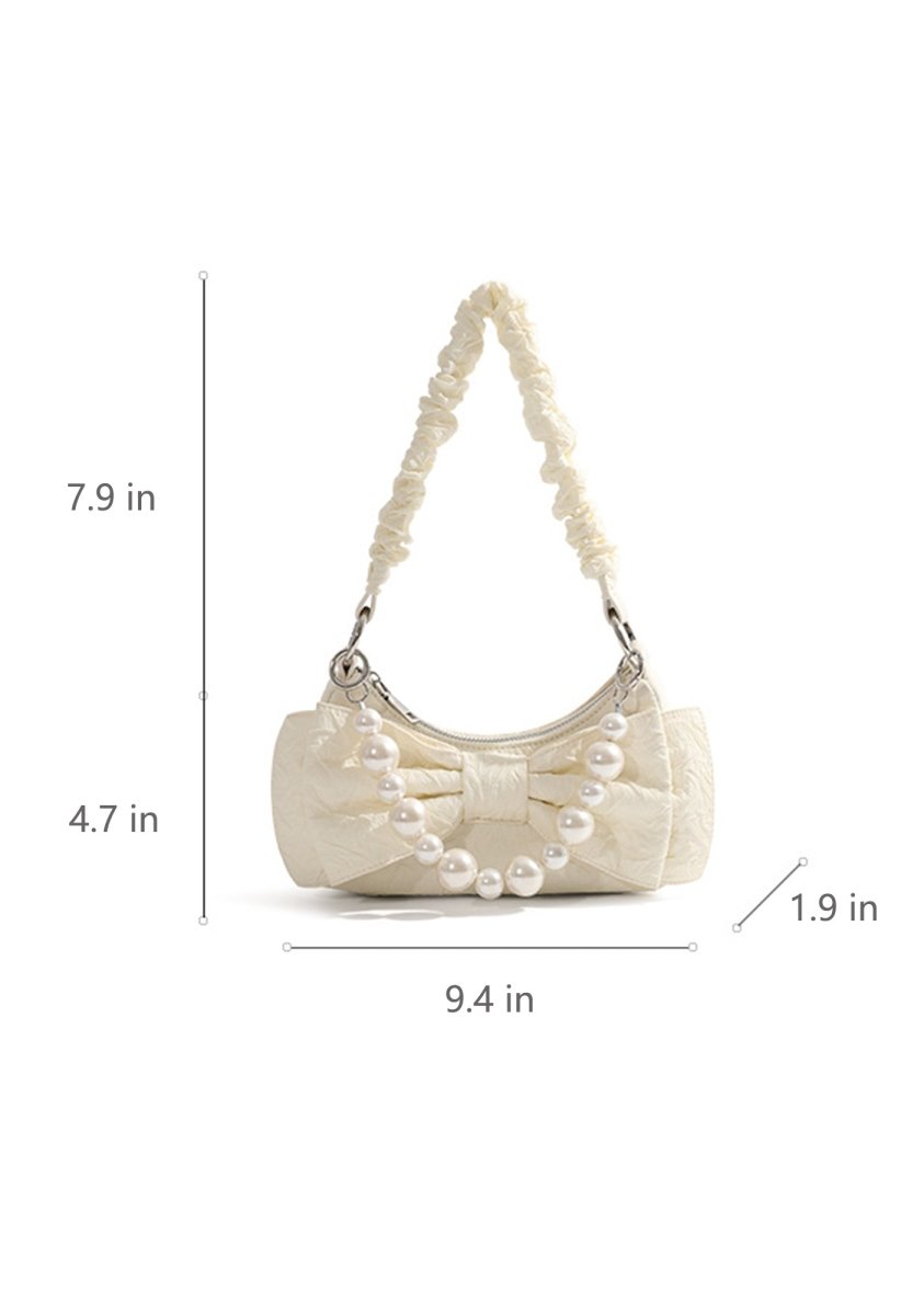 White Bow&Pearl Baguette Bag - cherrykittenWhite Bow&Pearl Baguette Bag