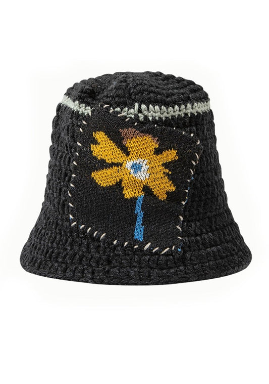 Yellow Flower Block Knitted Bucket Hat - cherrykittenYellow Flower Block Knitted Bucket Hat