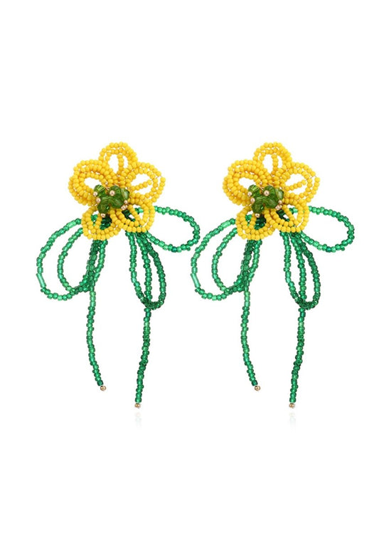 Yellow&Green Flower Tassel Beads Earbob Earrings - cherrykittenYellow&Green Flower Tassel Beads Earbob Earrings